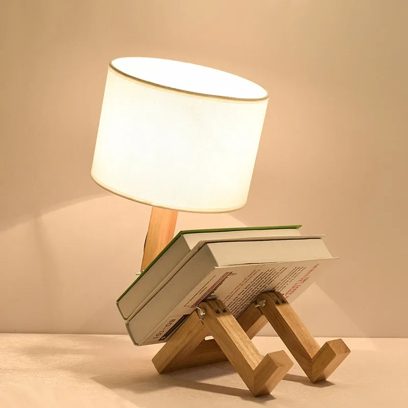 RutanFlex Verstelbare Houten Robot Tafellamp met Boekenhouder
