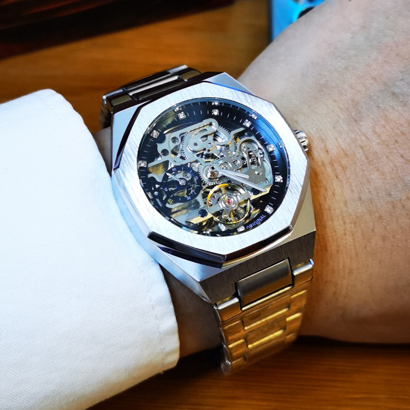 Revalki Reloj Automático Skeleton - Correa de Acero Inoxidable con Movimiento Mecánico Visible