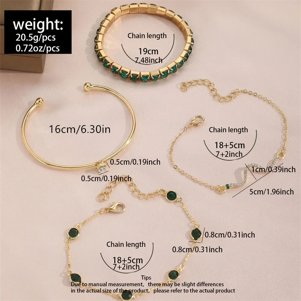 Serpenta Set van 4 slangenarmbanden met groene edelstenen en strasssteentjes