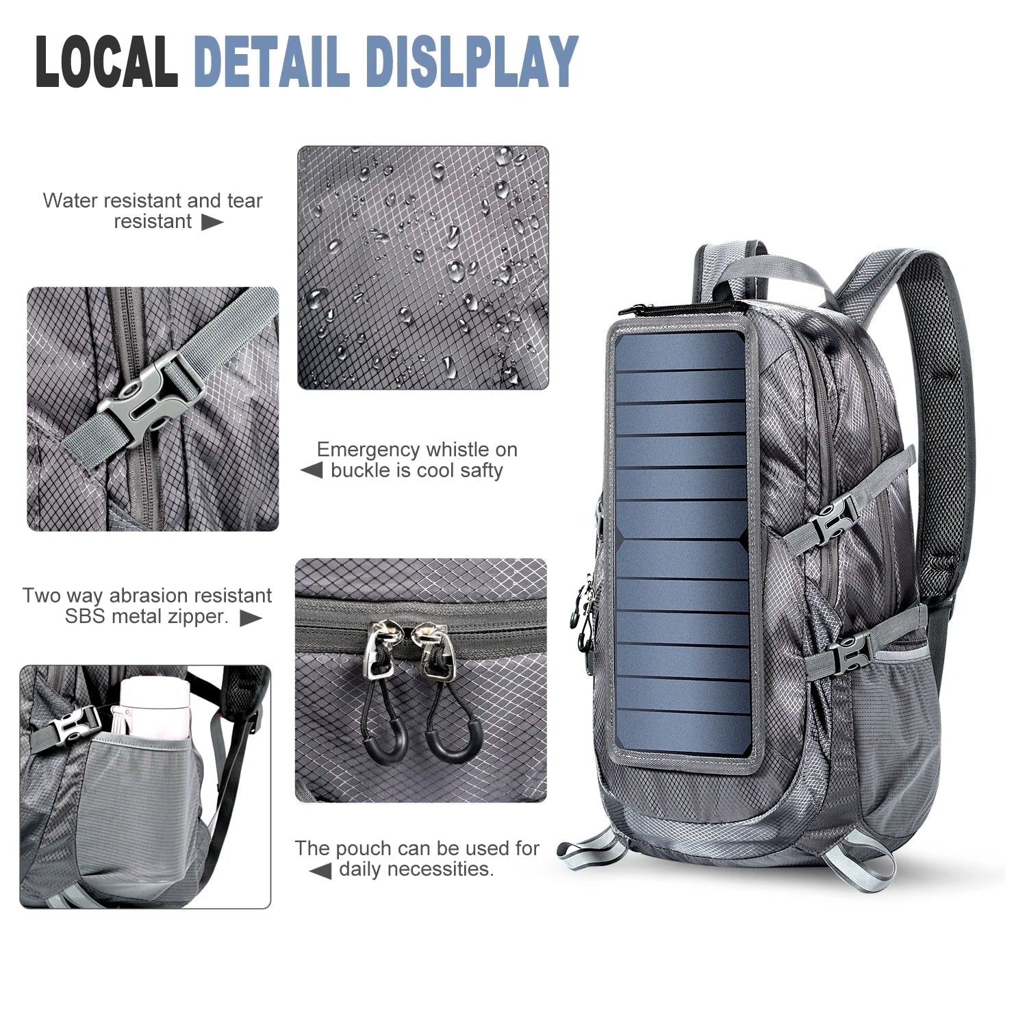 Mochila de enerxía solar – 30L lixeira e resistente á auga con USB