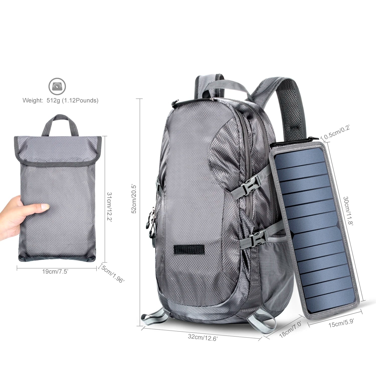 Mochila de enerxía solar – 30L lixeira e resistente á auga con USB