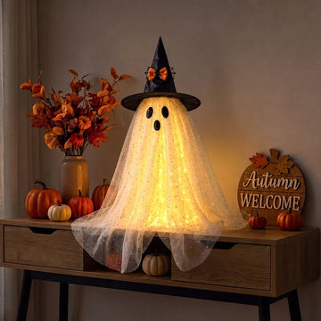 Spookfiguur met licht – Halloween tulen spook met heksenhoed en glitter