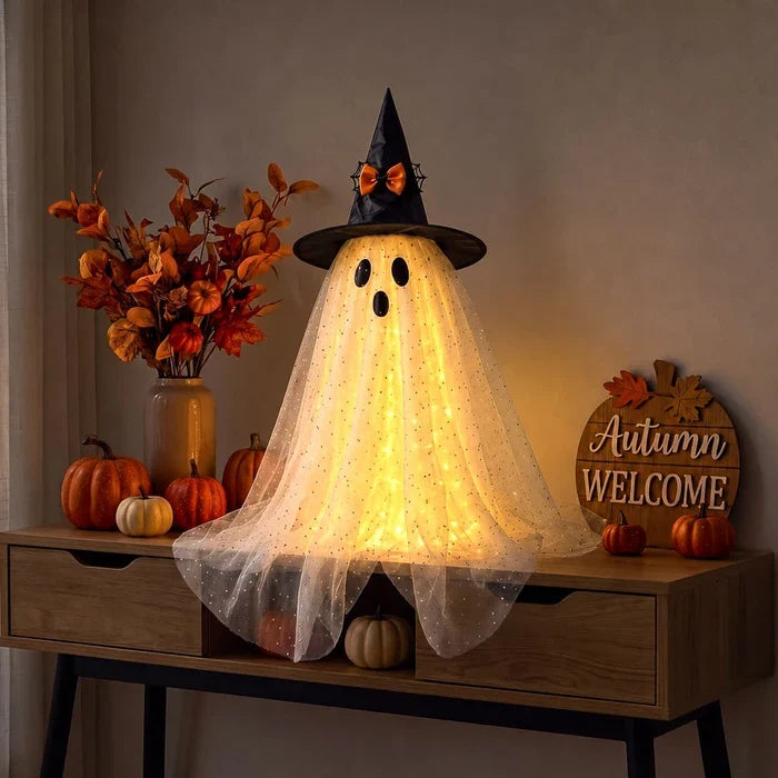 Spookfiguur met licht – Halloween tulen spook met heksenhoed en glitter