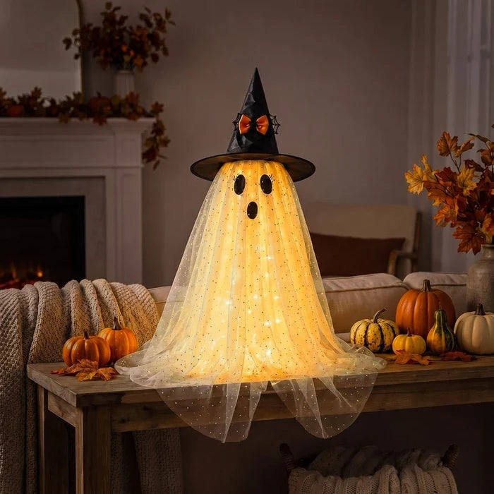 Spookfiguur met licht – Halloween tulen spook met heksenhoed en glitter