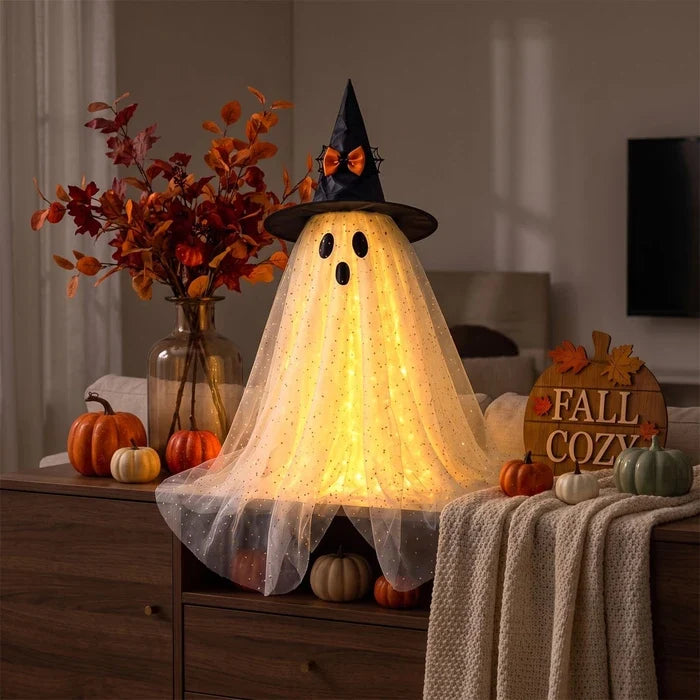 Spookfiguur met licht – Halloween tulen spook met heksenhoed en glitter
