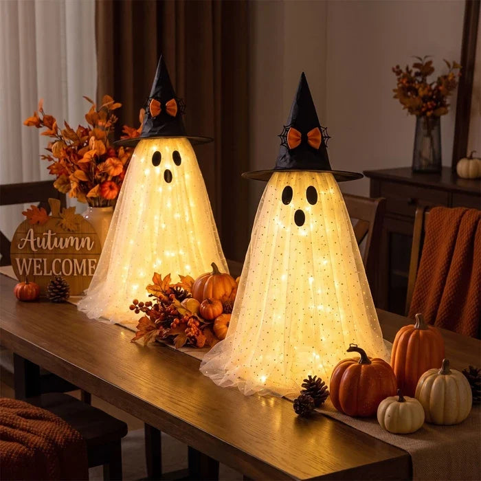 Spookfiguur met licht – Halloween tulen spook met heksenhoed en glitter