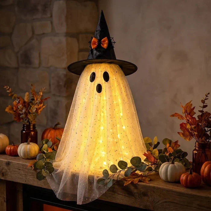 Spookfiguur met licht – Halloween tulen spook met heksenhoed en glitter