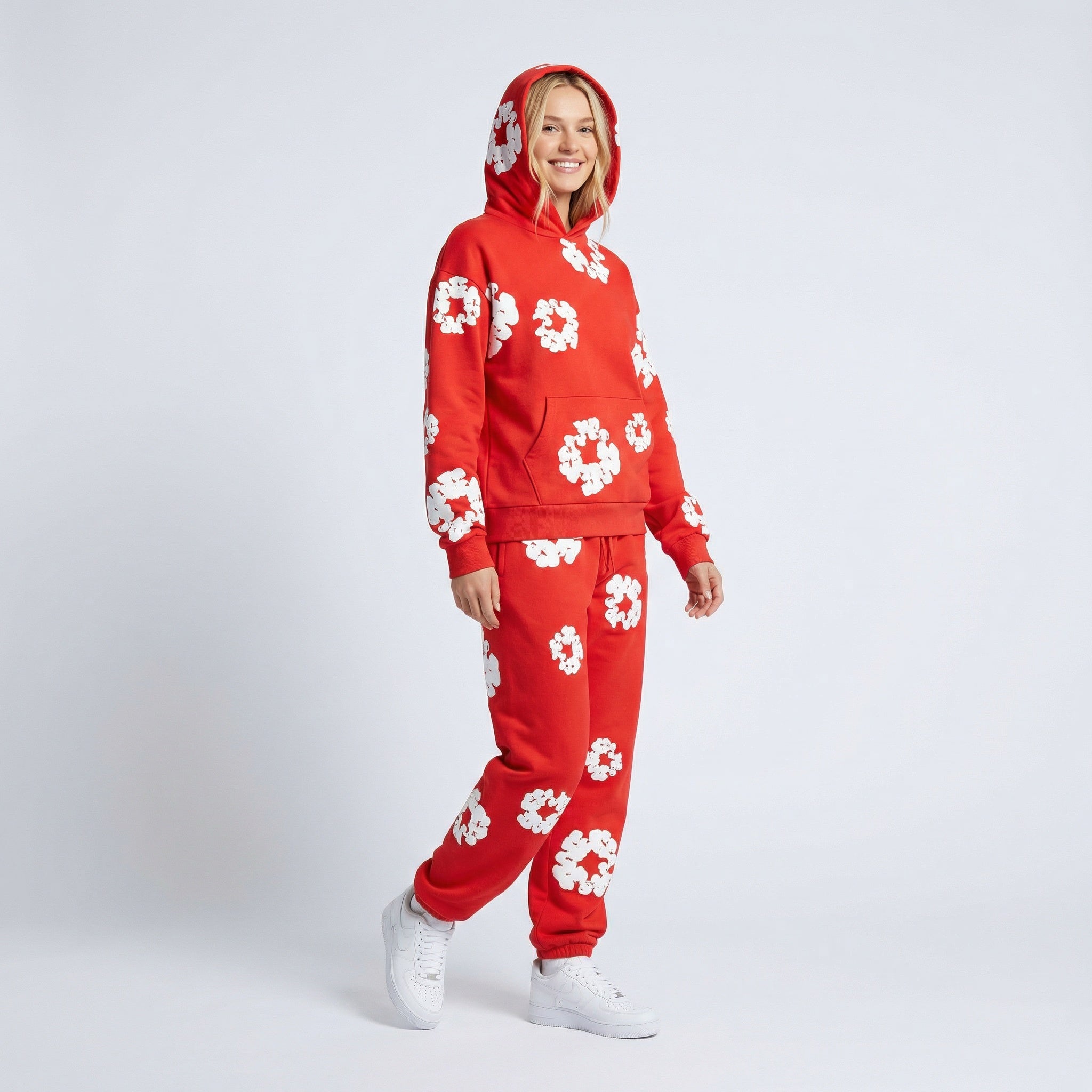 Chándal de mujer de 2 piezas – Sudadera con capucha y pantalón de jogging con estampado de flores