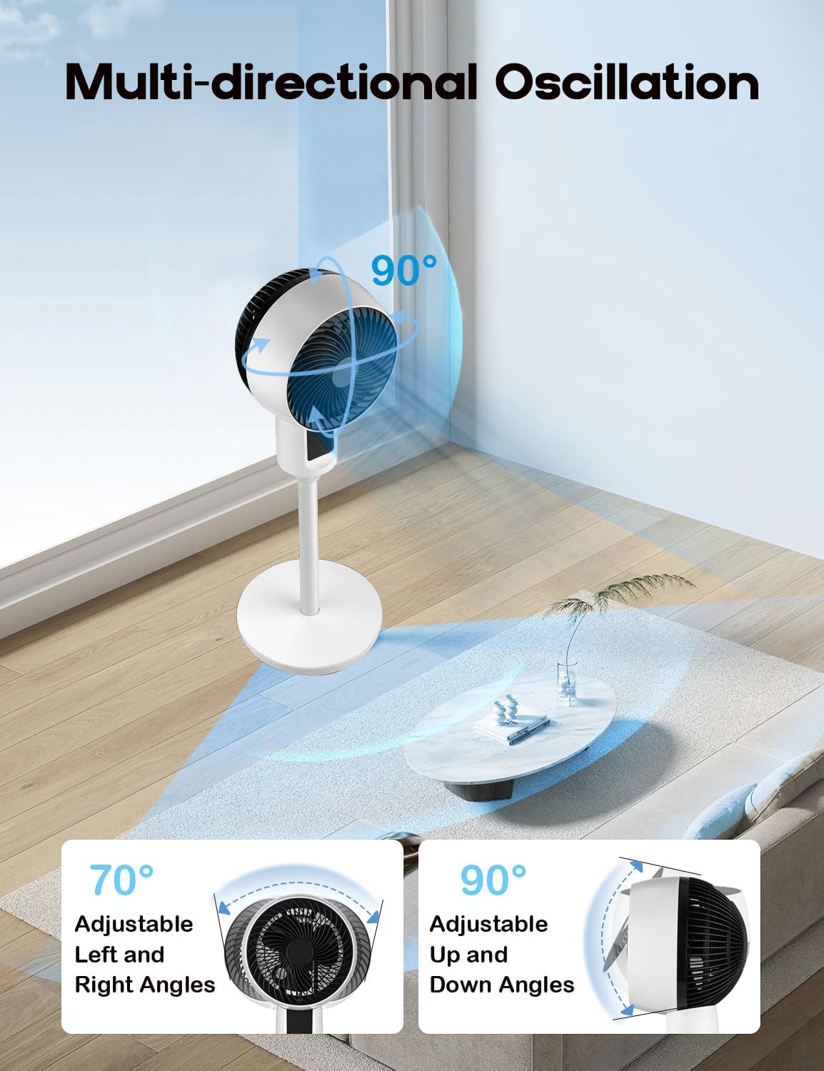 Stille Staande Ventilator met 3D-Oscillatie, Afstandsbediening en Hoogteverstelling 2