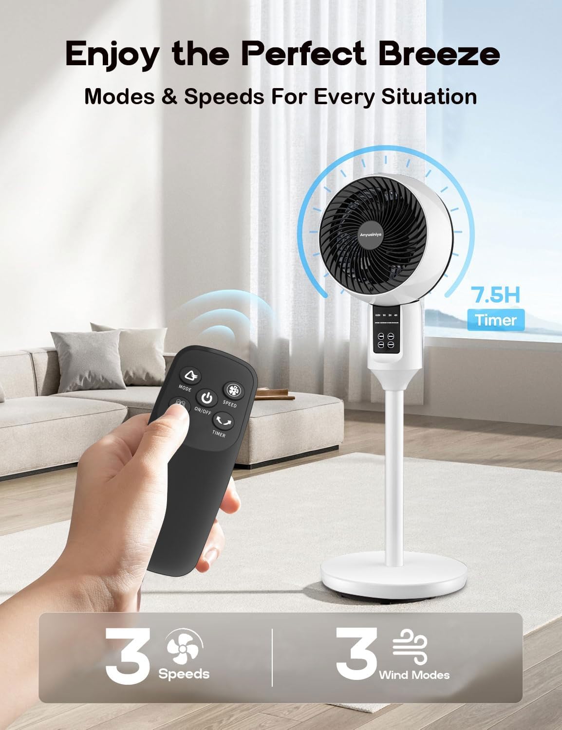 Stille Staande Ventilator met 3D-Oscillatie, Afstandsbediening en Hoogteverstelling 4