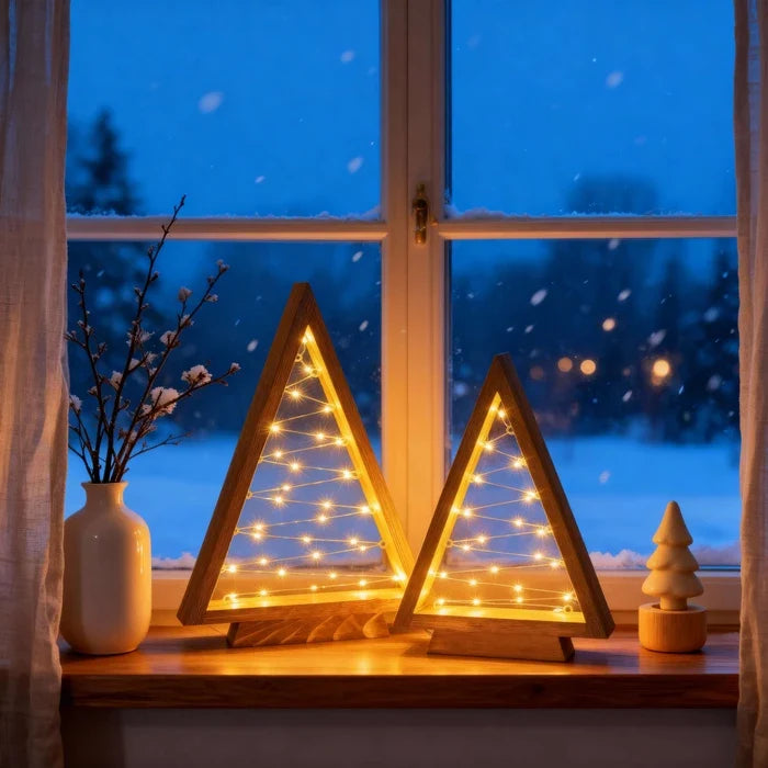 Kerstdecoratie hout – driehoekige boompjes met sterlampjes voor op tafel