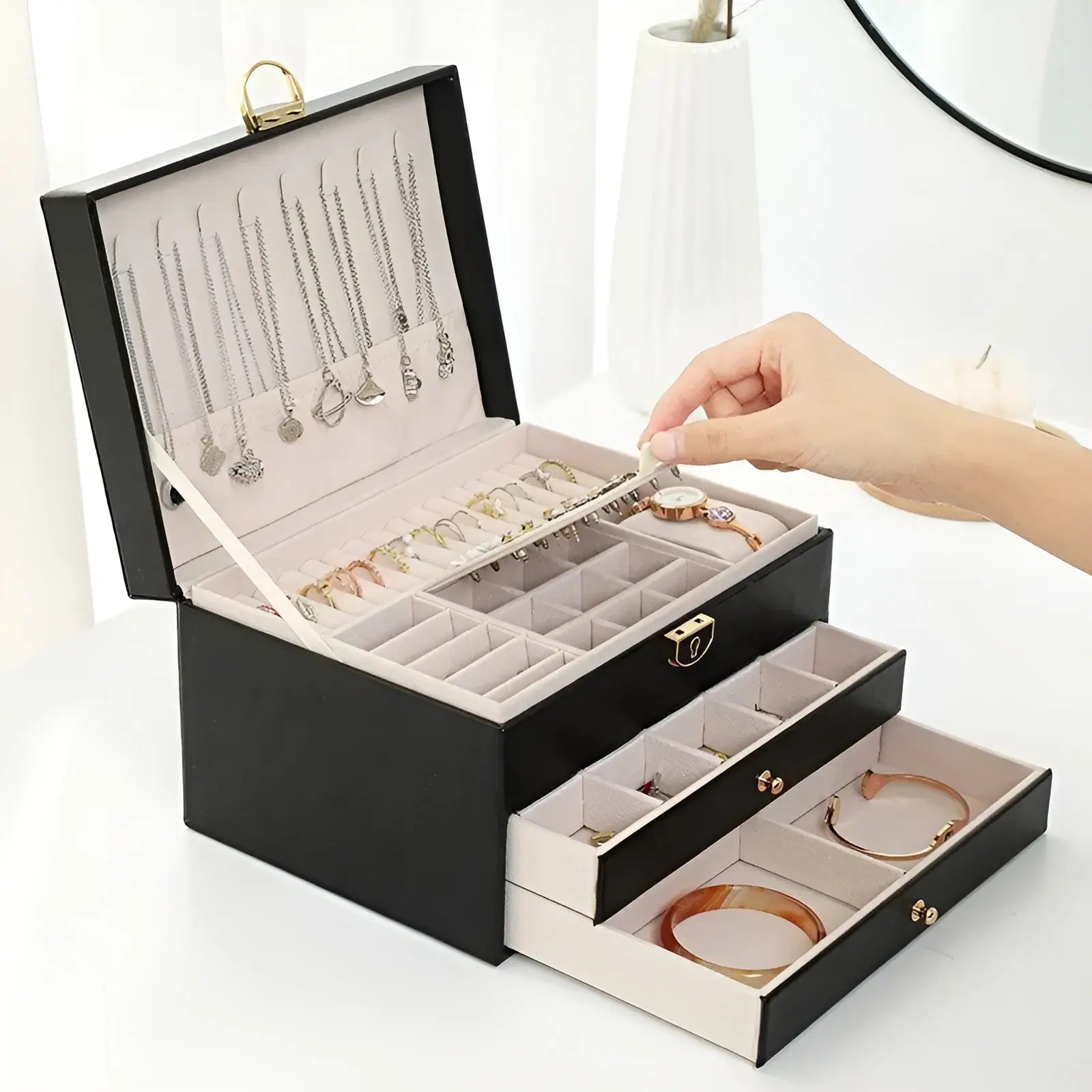 EleganceBox – Caixa de xoias de luxo de varias capas de coiro PU