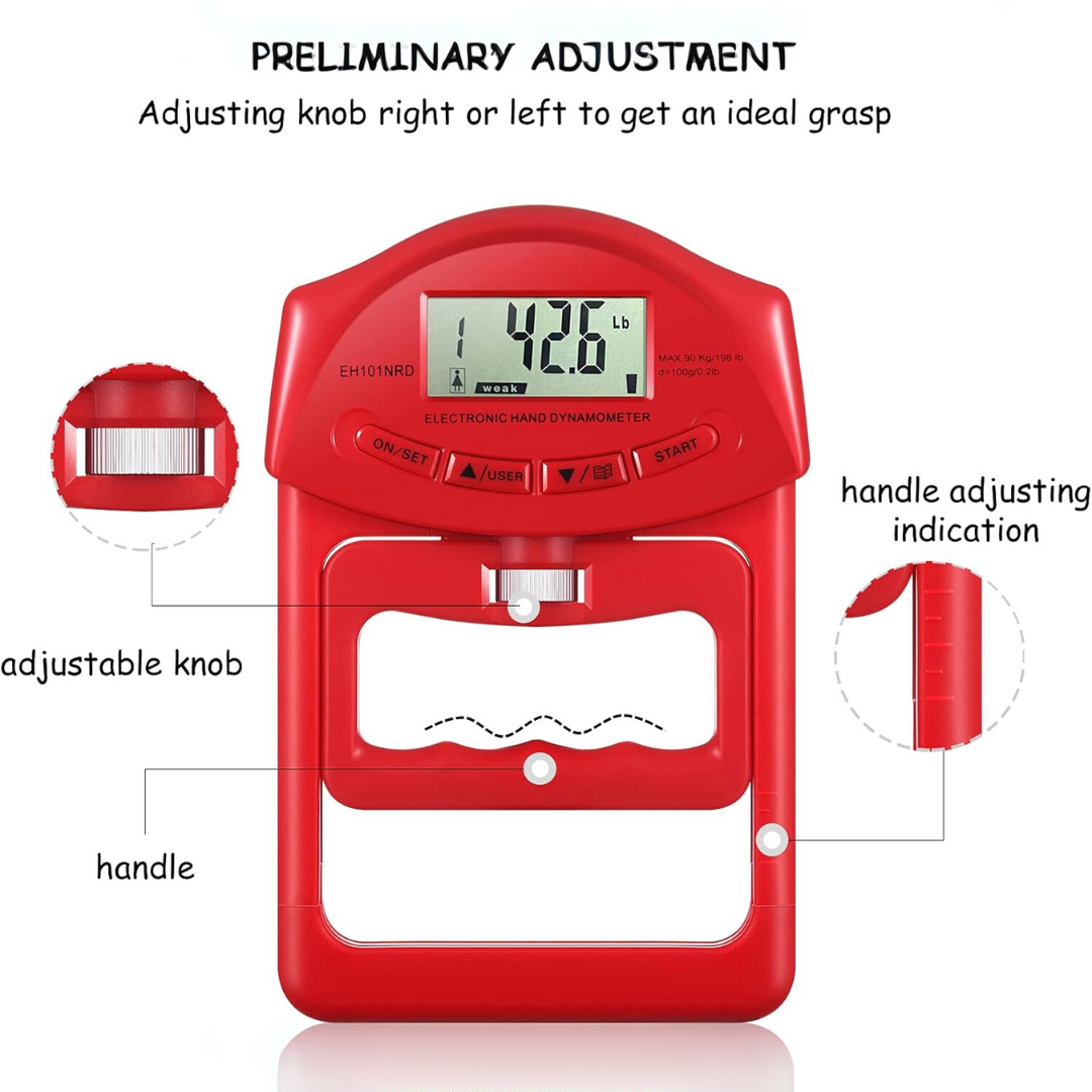 Medidor de fuerza manual digital Gripmaster – Medición precisa hasta 90 kg