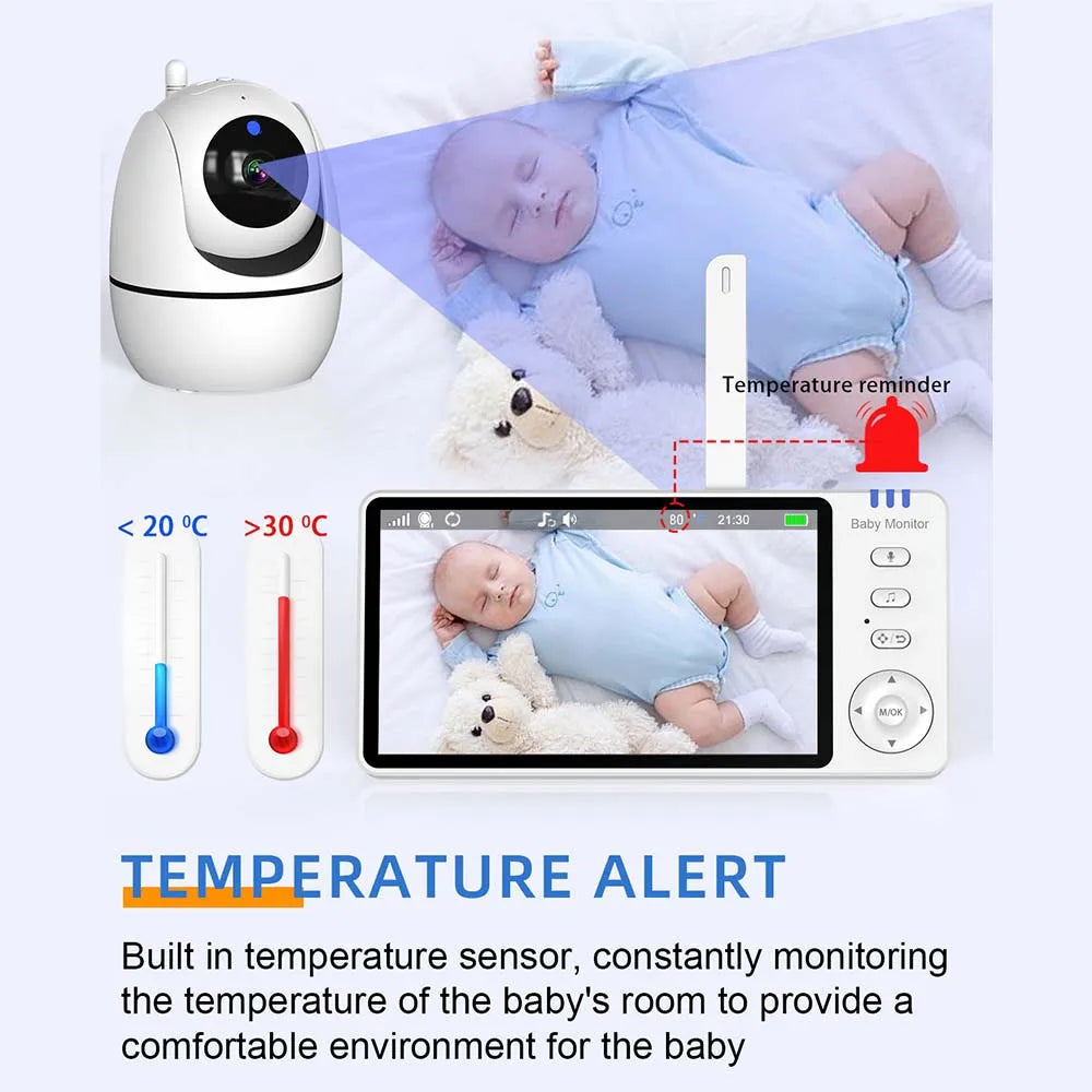Video-Babyphone mit Kamera, 5 Zoll HD-Bildschirm, Nachtsicht und Temperatursensor  