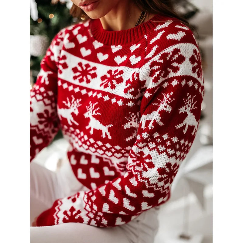 Vrouwen kersttrui met sneeuwvlokprint, gebreid en casual 3