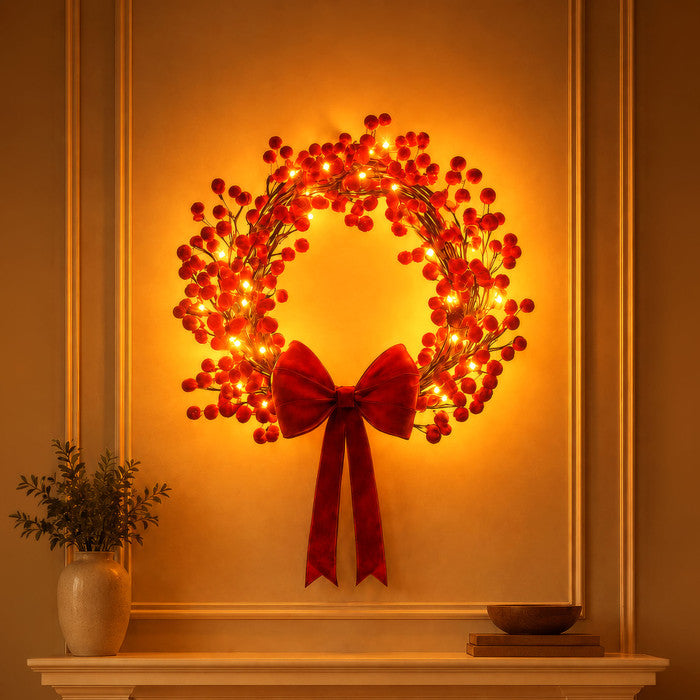 Verlichte deurkrans – rode besjes met warmgouden lichtjes voor voordeur en wand