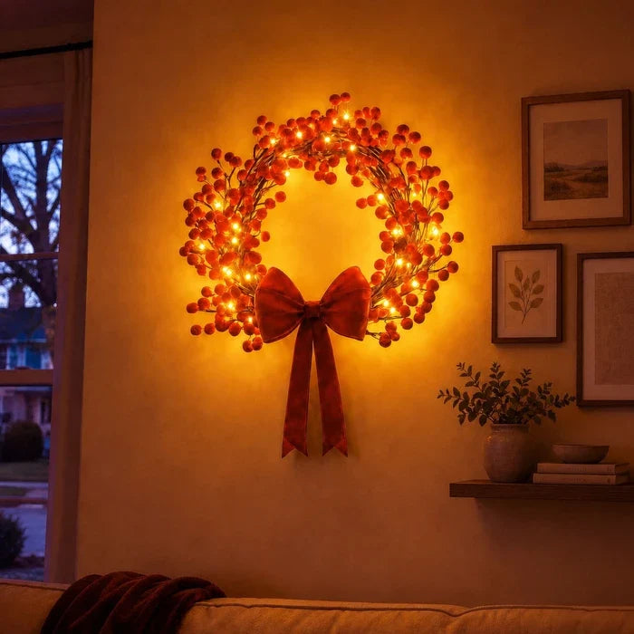 Verlichte deurkrans – rode besjes met warmgouden lichtjes voor voordeur en wand