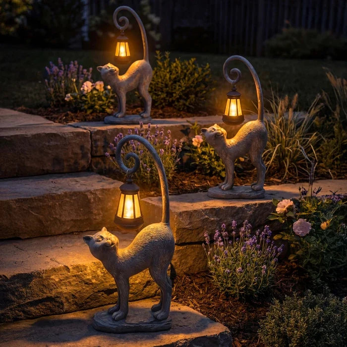 Tuinfiguur kat – beeldje met solar lantaarn dat bij de voordeur oplicht