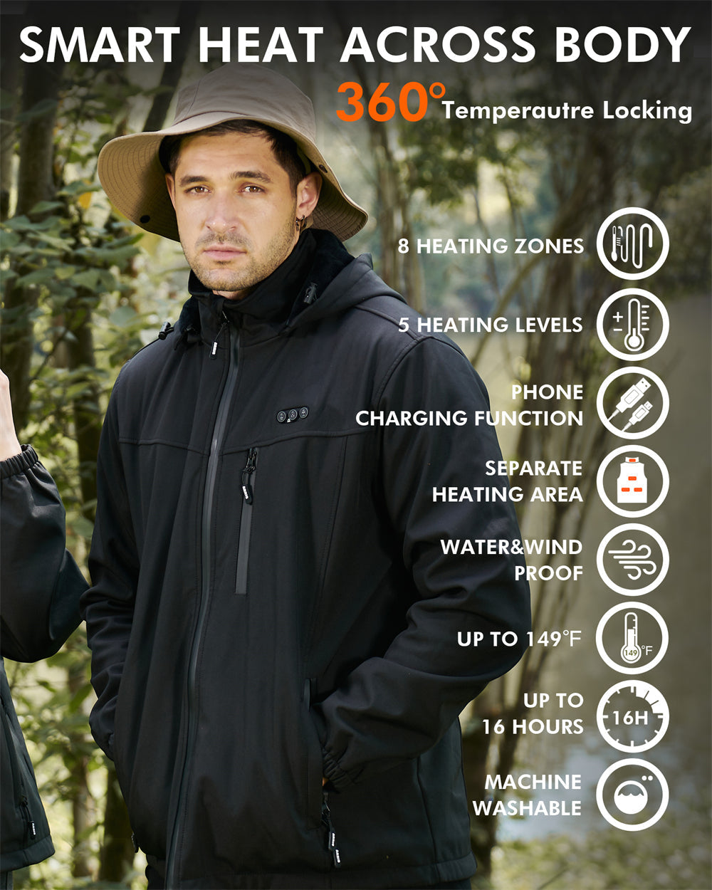 Beheizte Herrenjacke mit Akku – Wasserabweisende Jacke mit 8 Wärmebereichen