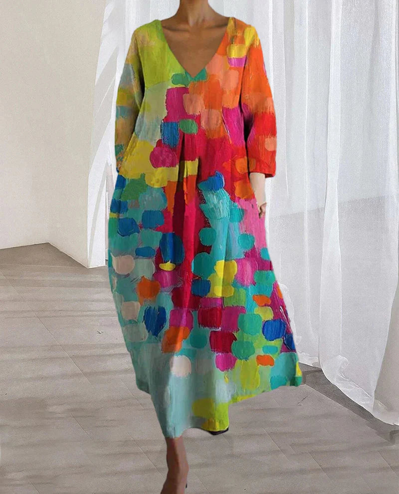 Lunaria – Vestido de lino para mujer colorido estampado – verano y tiempo libre