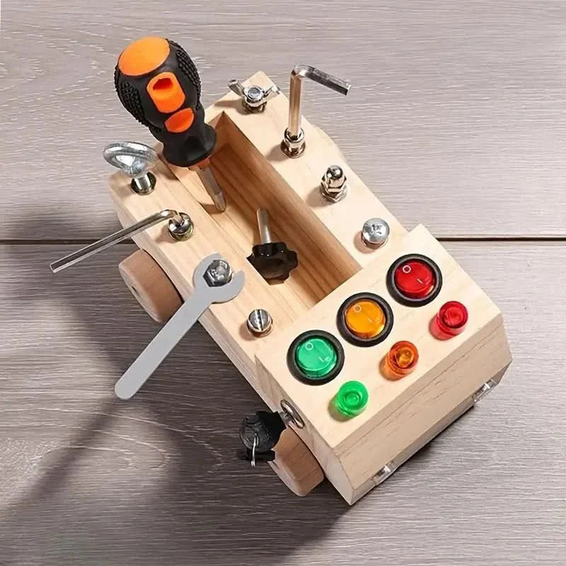 Montessori Play Board – Wooden Activity Board with LED Lights, Locks & Switches