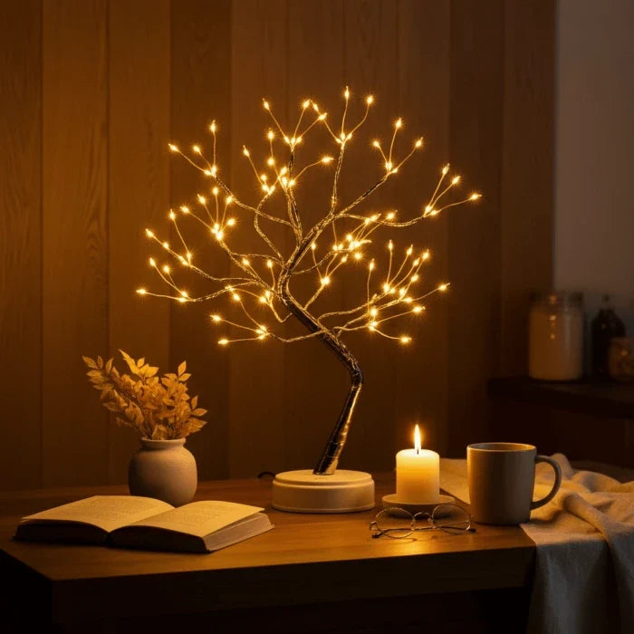 Nachtkastlamp in boomvorm – lichtjes in elke tak en helder genoeg om te lezen