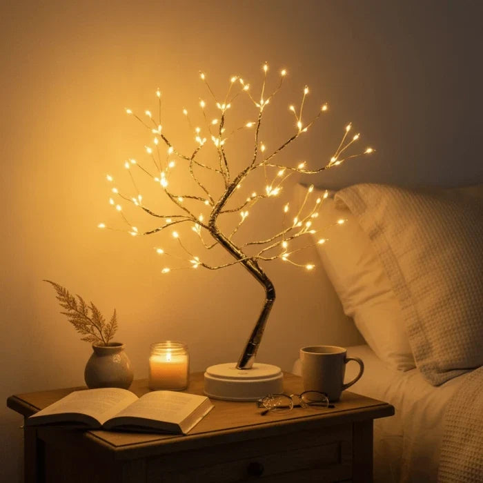Nachtkastlamp in boomvorm – lichtjes in elke tak en helder genoeg om te lezen
