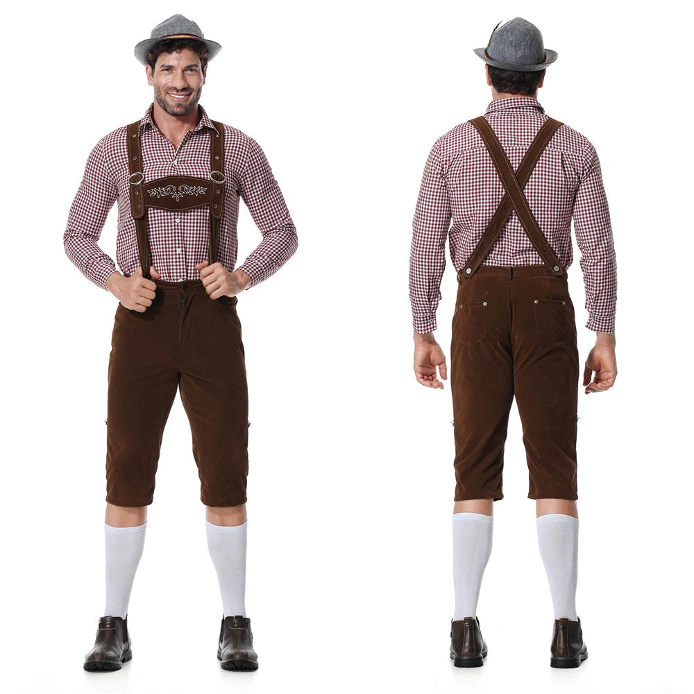 Revalki Lederhosen Kostuum Driedelig - Voor Heren met Geruit Overhemd en Hoed