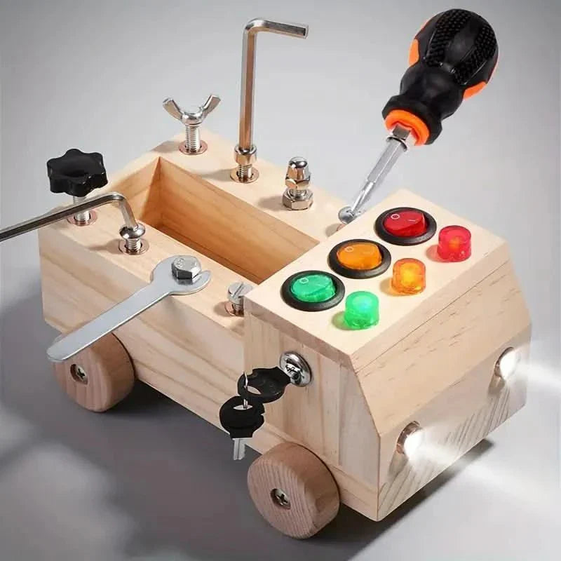 Montessori Play Board – Wooden Activity Board with LED Lights, Locks & Switches