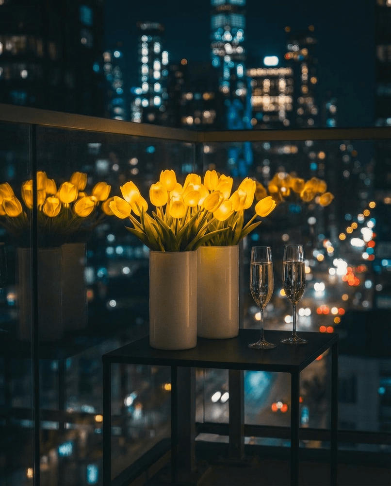 Sfeerlamp met tulpen – kunstbloemen die elk een eigen warm lampje dragen