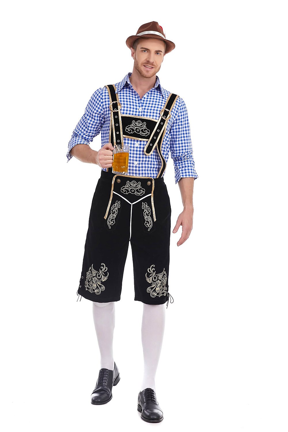 Herren Oktoberfest Kostümset – Lederoptik Hose mit Hosenträgern und kariertem Hemd  
