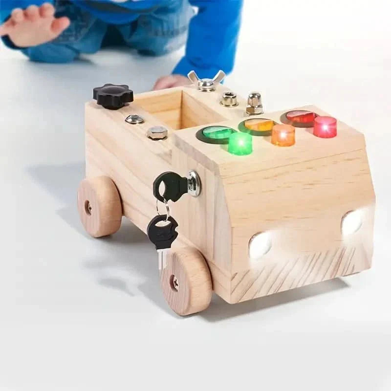 Montessori Play Board – Wooden Activity Board with LED Lights, Locks & Switches