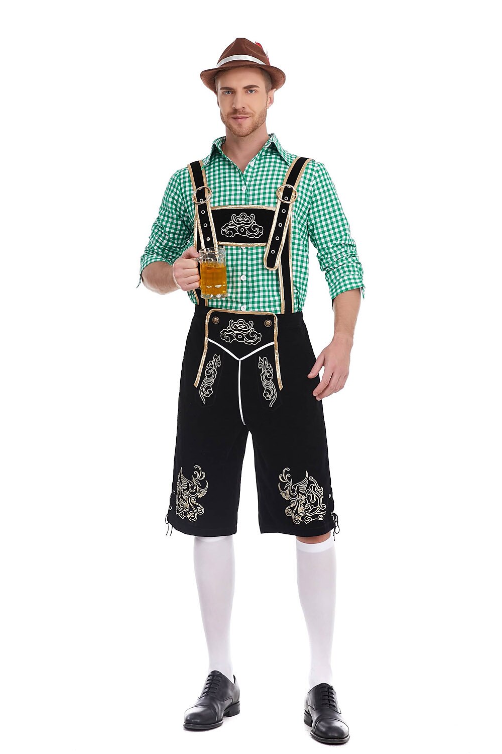 Herren Oktoberfest Kostümset – Lederoptik Hose mit Hosenträgern und kariertem Hemd  