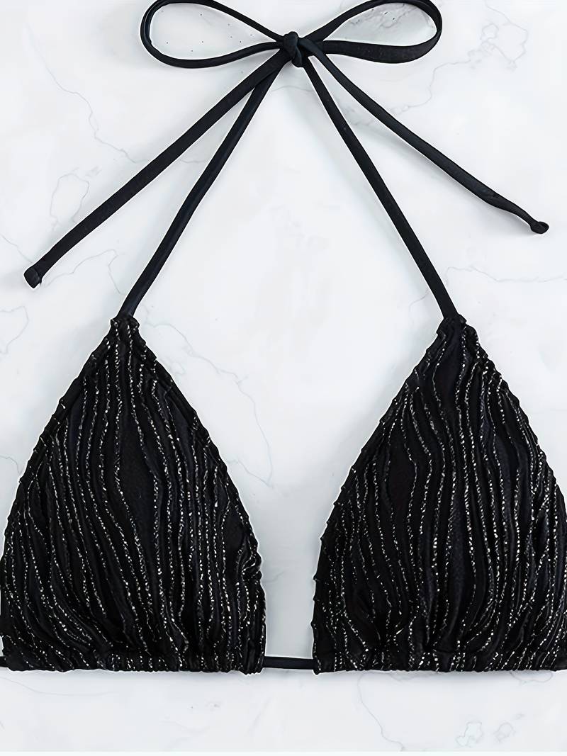 Revalki Alex Suit | Black glitter bikini with halter top and high-cut swimsuit bottom