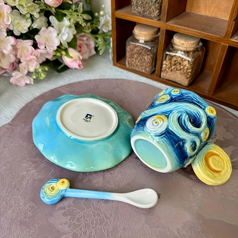 ArtSip Keramische Kop & Schotel Set – Handgeschilderd 3D Design geïnspireerd op Van Gogh Vestragear