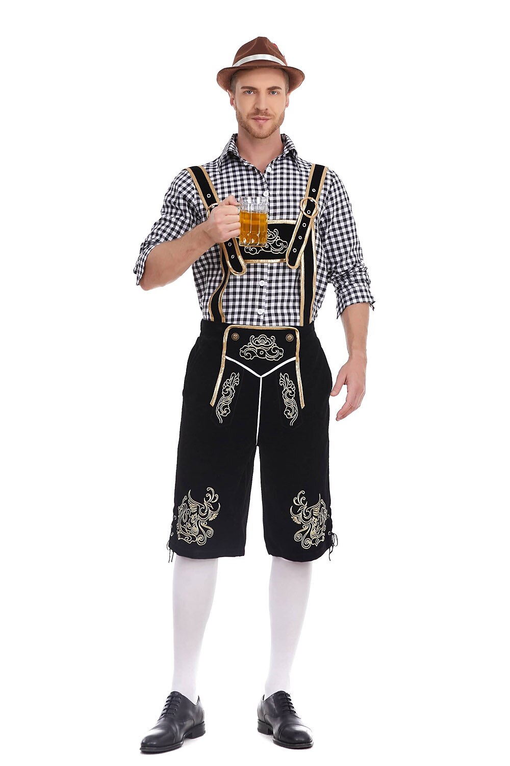 Herren Oktoberfest Kostümset – Lederoptik Hose mit Hosenträgern und kariertem Hemd  