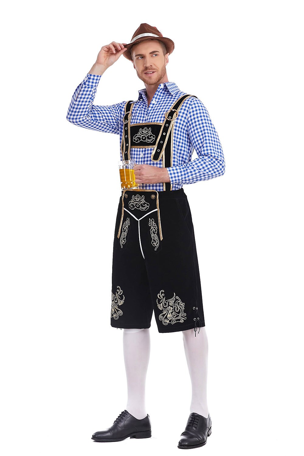 Herren Oktoberfest Kostümset – Lederoptik Hose mit Hosenträgern und kariertem Hemd  