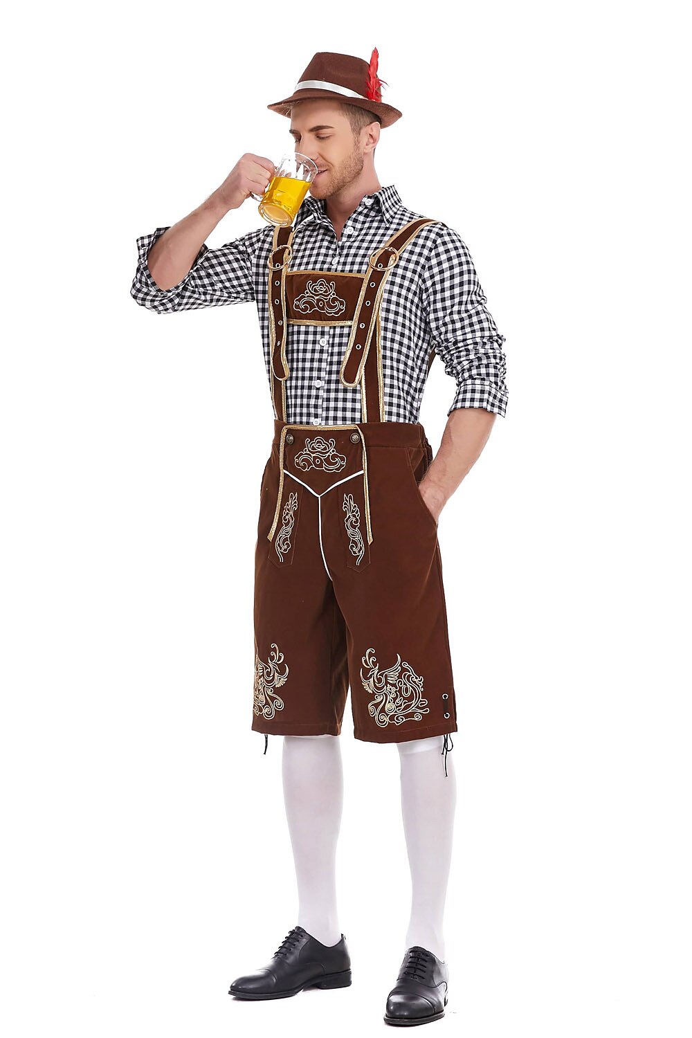 Herren Oktoberfest Kostümset – Lederoptik Hose mit Hosenträgern und kariertem Hemd  