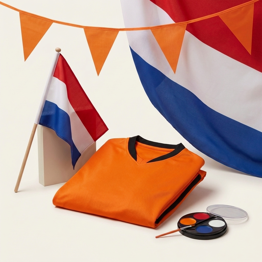5-Delig Nederland Supporterspakket – Oranje Shirt, Vlaggen & Face Paint