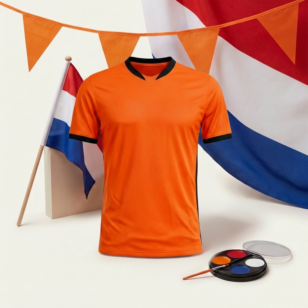 5-Delig Nederland Supporterspakket – Oranje Shirt, Vlaggen & Face Paint