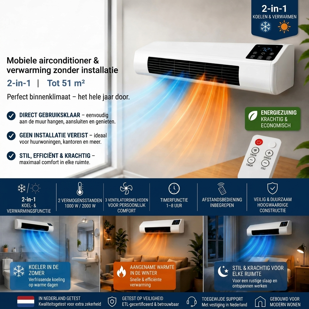 Luchtkoeler 2-in-1 – wandmodel met timer, afstandsbediening en verwarming VestraGear