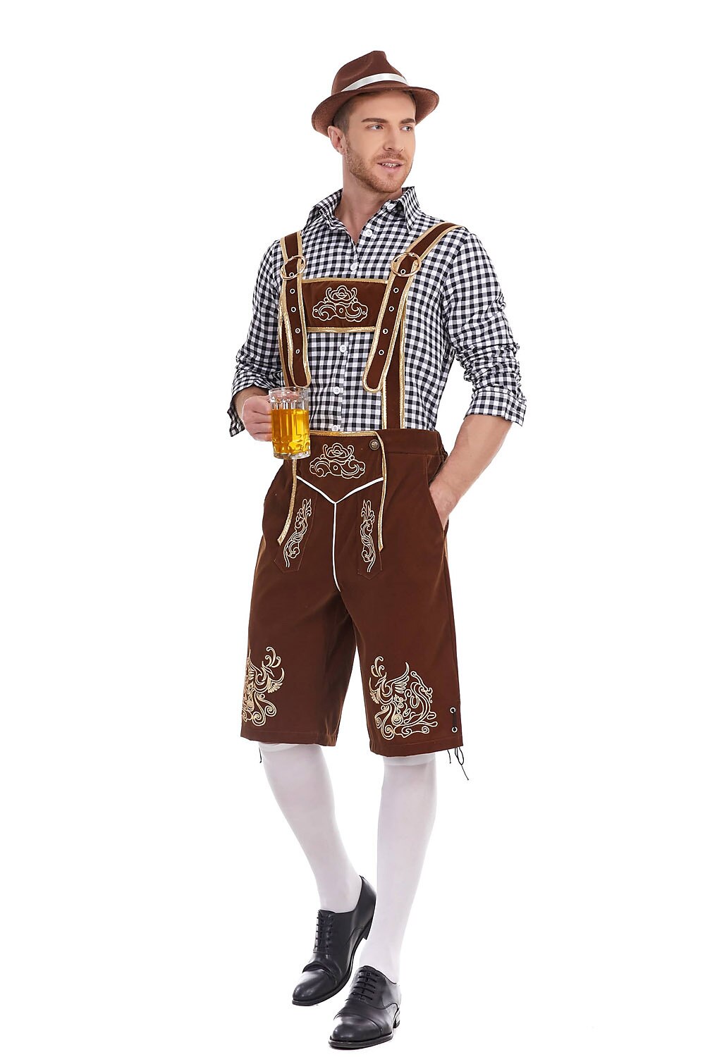 Herren Oktoberfest Kostümset – Lederoptik Hose mit Hosenträgern und kariertem Hemd  