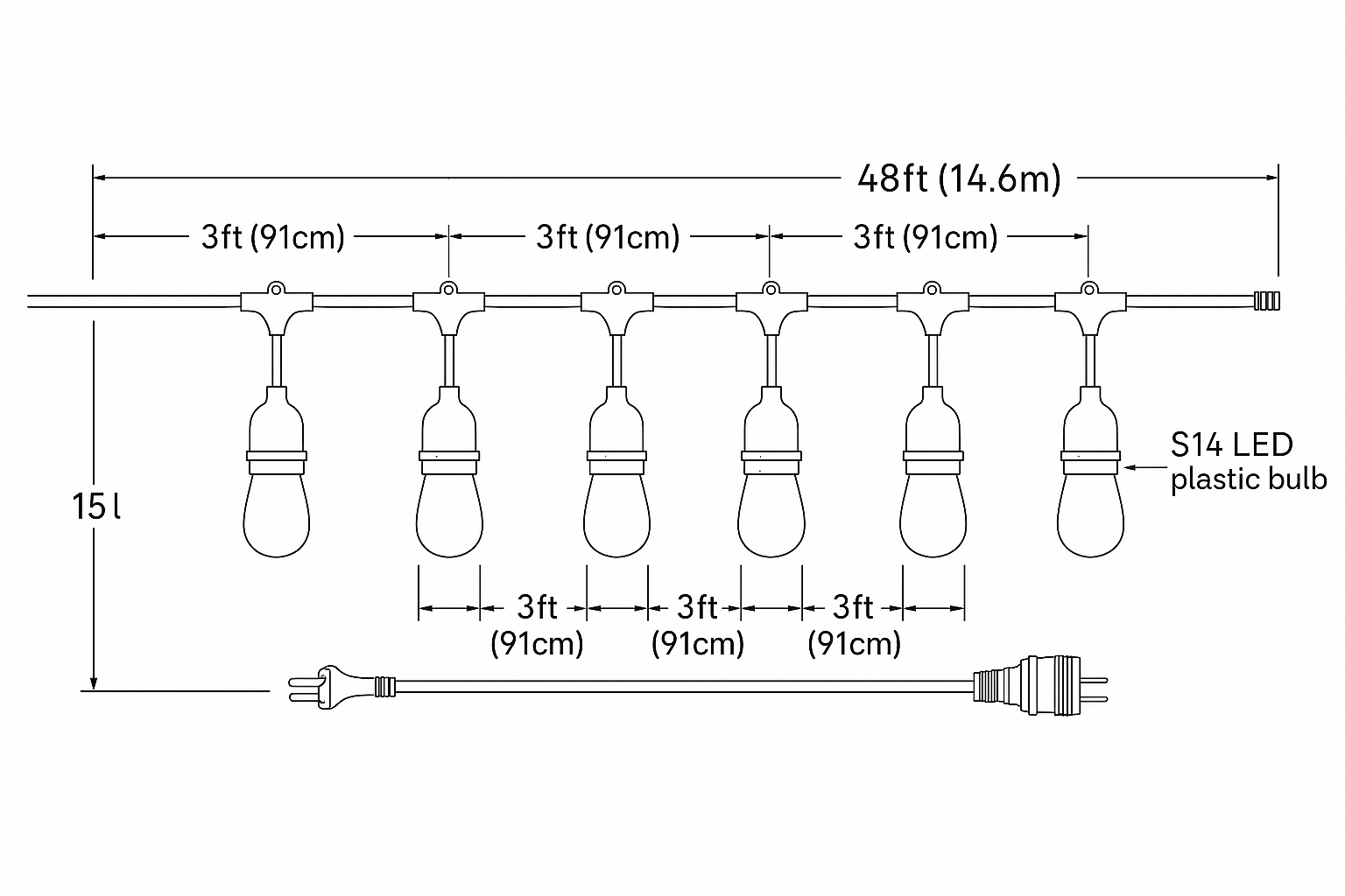 Festelio – Iluminación para fiestas de jardín 48FT con 15 lámparas LED – IP65 impermeable