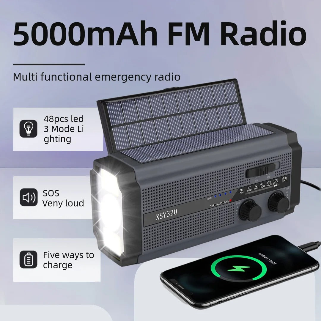 SafeWave radio de fideos 3 en 1 con dínamo, paneis solares e powerbank