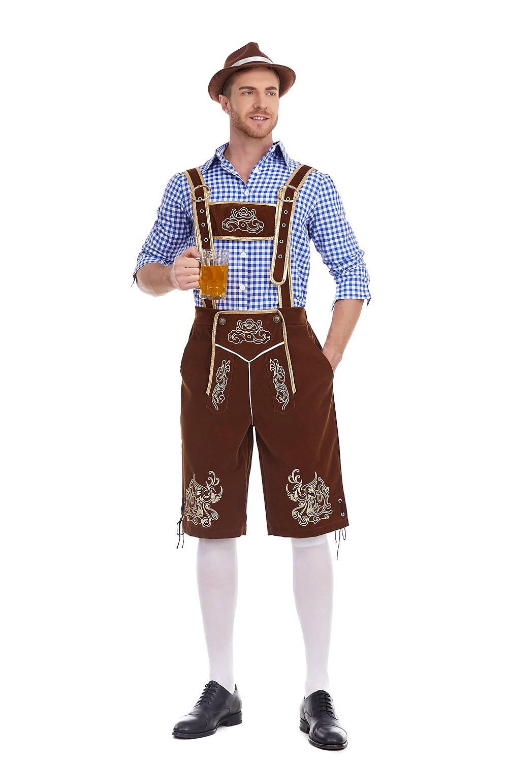 Herren Oktoberfest Kostümset – Lederoptik Hose mit Hosenträgern und kariertem Hemd  