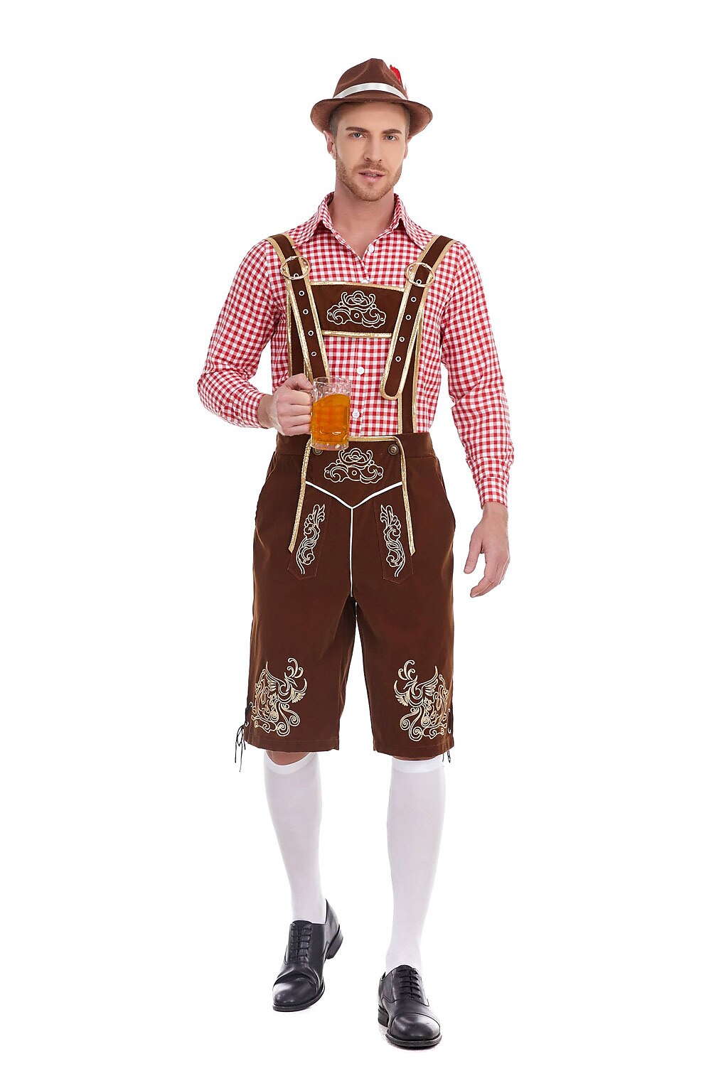 Herren Oktoberfest Kostümset – Lederoptik Hose mit Hosenträgern und kariertem Hemd  