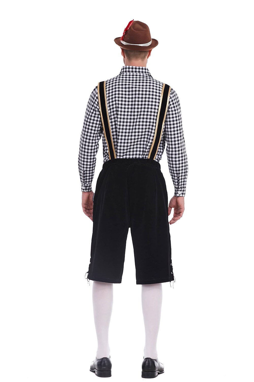Herren Oktoberfest Kostümset – Lederoptik Hose mit Hosenträgern und kariertem Hemd  