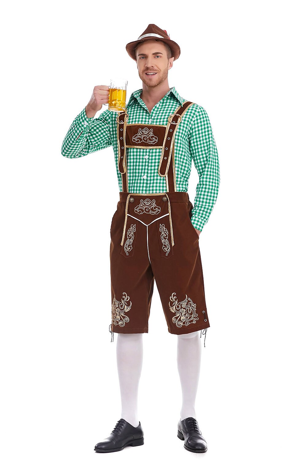 Herren Oktoberfest Kostümset – Lederoptik Hose mit Hosenträgern und kariertem Hemd  