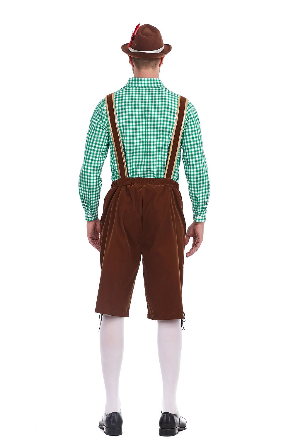 Herren Oktoberfest Kostümset – Lederoptik Hose mit Hosenträgern und kariertem Hemd  