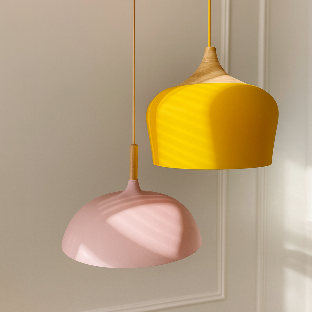 Pastelume – Lámpara colgante retro con madeira e pantalla metálica de cores pastel